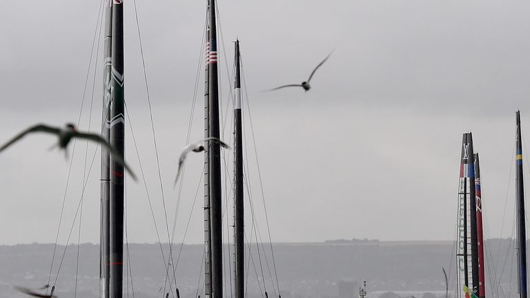 A grey, windy day in Portsmouth where gusts in excess of 30 mph have prevented any America's Cup racing on Sunday