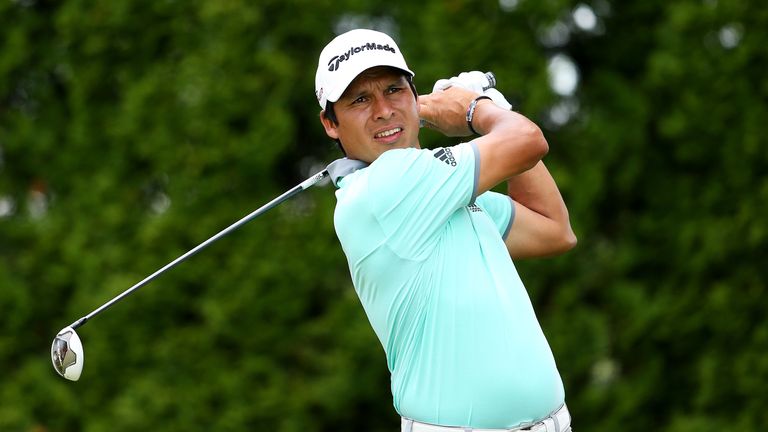 Andres Romero of Argentina plays his shot from the ninth tee during the second round of the Travelers Championship at TPC River Highlands.