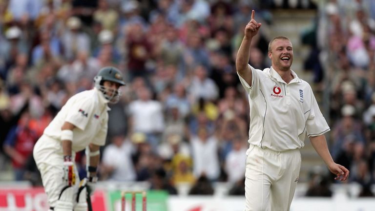  Andrew Flintoff of England celebrates the wicket of Michael Kasprowicz of Australia during day two of the second np