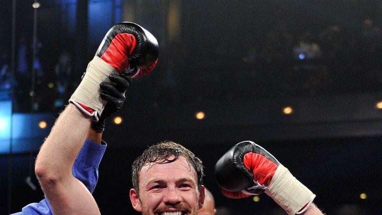 Andy Lee celebrates is win over Matt Korobov after their fight for a vacant WBO middleweight title at The Chelsea at The Cosm