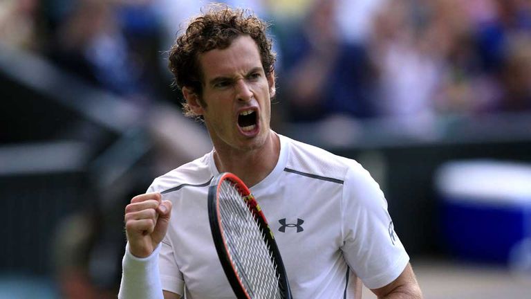 Andy Murray celebrates during his victory over Andreas Seppi at Wimbledon