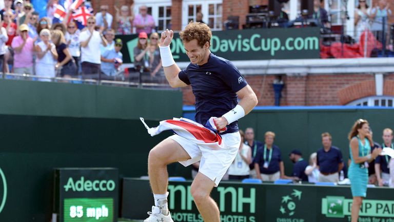 Great Britain's Andy Murray celebrates his win during day three of the Davis Cup Quarter Finals between Great Britain and France at the Queen's Club