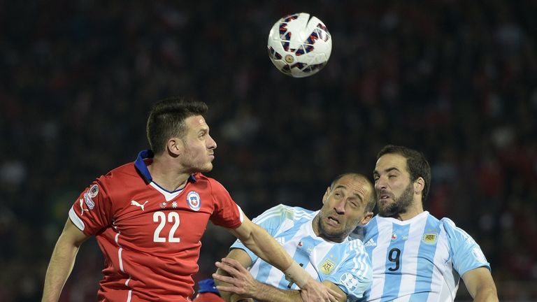 Chile's Angelo Henriquez (L) battles with Argentina's Pablo Zabaleta (C) and Gonzalo Higuain during the Copa America final.