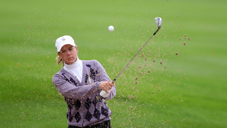 Annika Sorenstam of The European Team Team hits her second shot on the 9th hole in her singles match in the Solheim Cup on 16 September, 2007