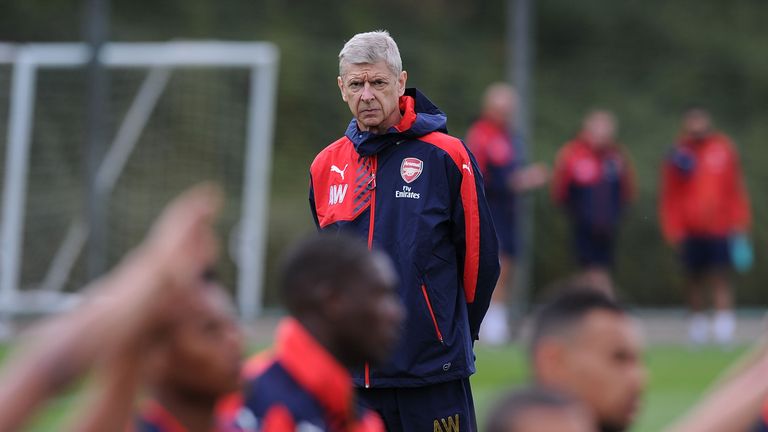 Arsene Wenger keeps a close eye on his Arsenal players during a training session at London Colney. (Pic: Stuart MacFarlane/Arsenal FC via Getty)