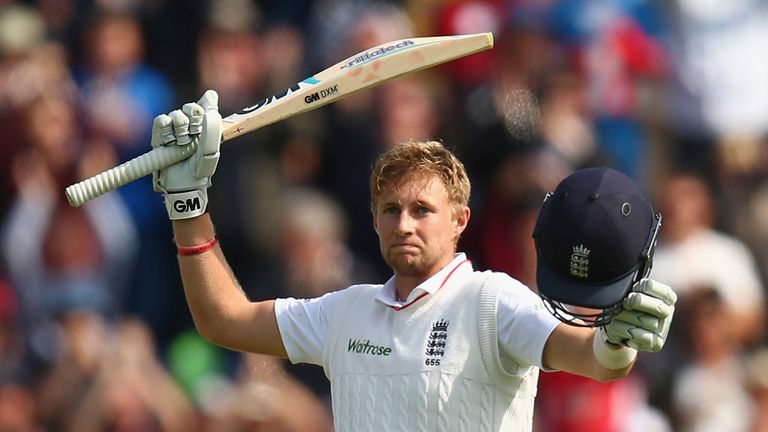 Joe Root of England celebrates after reaching his century 