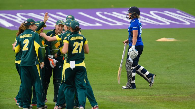 WORCESTER, ENGLAND - JULY 27:  England batsman Katherine Brunt leaves the field after being run out during the 3rd Royal London ODI of the Women's Ashes Se