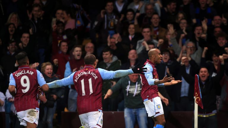 Fabian Delph celebrates scoring for Aston Villa with Scott Sinclair and Gabriel Agbonlahor
