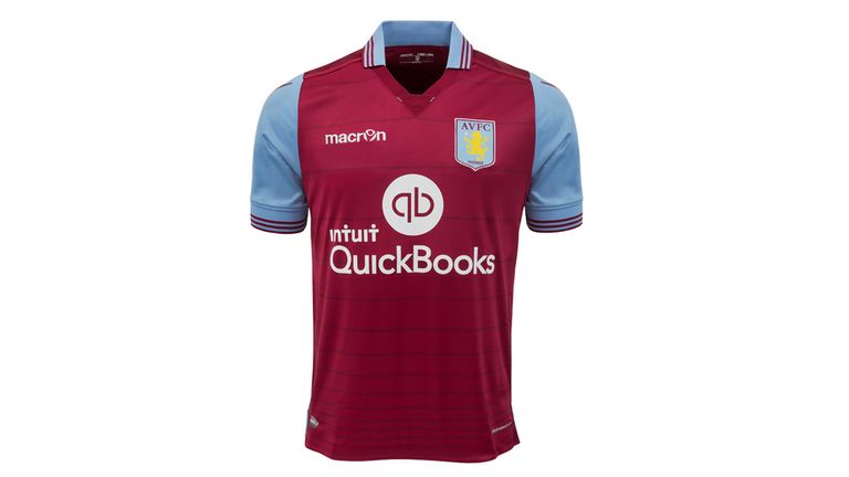 Aston Villa include subtle horizontal pinstripes across their traditional claret and blue shirt.