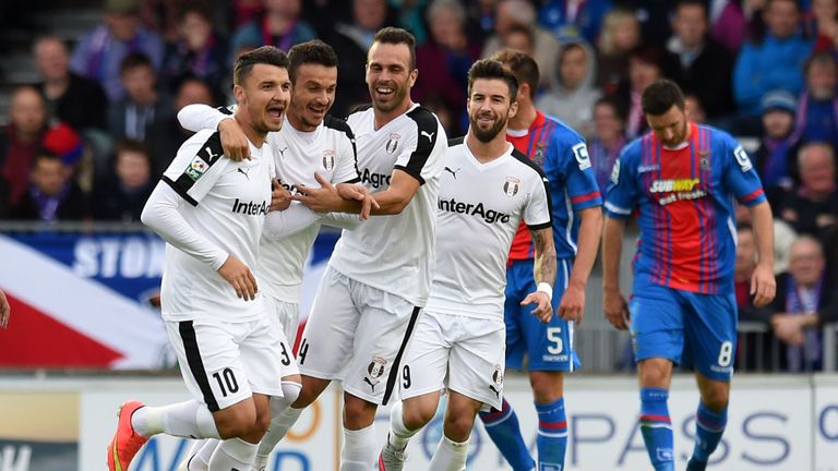 Astra's Constantin Budescu (number 10) celebrates after scoring with a free kick against Inverness in the Europa League qualifier. 