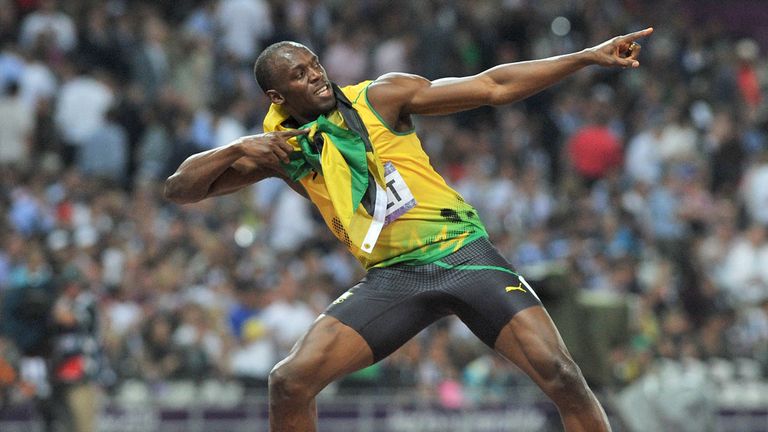 Jamaica's Usain Bolt does his trademark 'Lightening Bolt' after winning the gold medal in the Men's 200m final at the Olympics