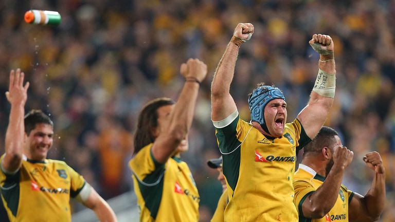 James Horwill and the Wallabies celebrate winning The Rugby Championship match between the Australian Wallabies and the South Africa