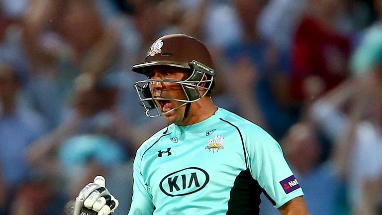 LONDON, ENGLAND - JULY 01:  Azhar Mahmood of Surrey celebrates hitting out for 6 to win the Natwest T20 Blast match between Surrey and Gloucestershire