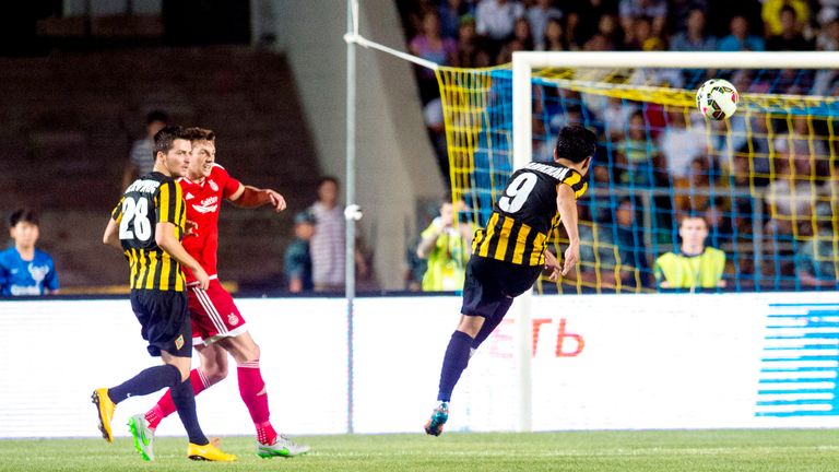 Kairat Almaty's Bauyrzhan Islamkhan fires the ball towards goal to double his side's lead against Aberdeen. 