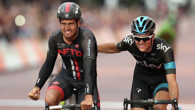LONDON, ENGLAND - AUGUST 10:  Adam Blyth (l) of Great Britain and NFTO is congratulated by Ben Swift of Great Britain and Team SKY after winning the Pruden