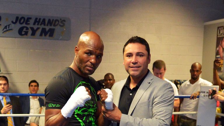 PHILADELPHIA, PA - OCTOBER 28: Bernard Hopkins and Oscar De LaHoya pose for a photograph at Joe Hand Boxing Gym on October 28, 2014 in Philadelphia, Pennsy