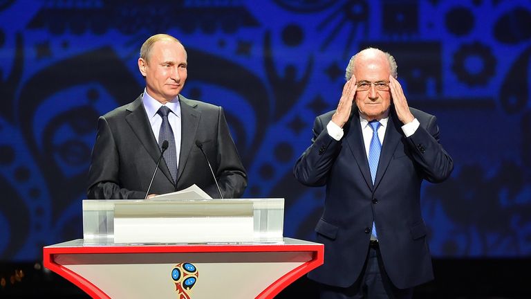 SAINT PETERSBURG, RUSSIA - JULY 25:  Vladimir Putin, President of Russia and FIFA President Joseph S. Blatter speak during the Preliminary Draw of the 2018