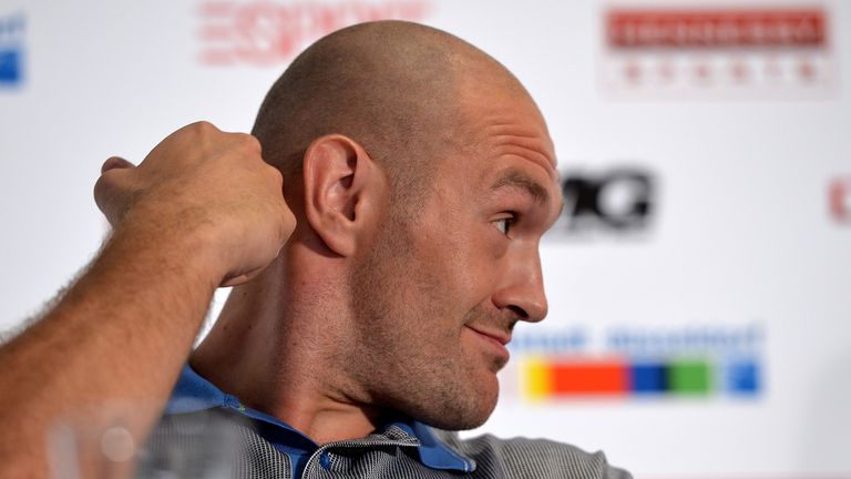 DUESSELDORF, GERMANY - JULY 21:  Tyson Fury reacts during a press conference for his fight against Wladimir Klitschko