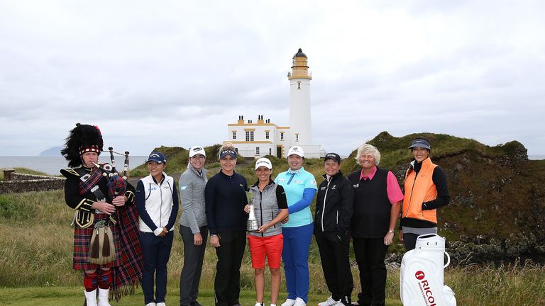 (L to R) Lydia Ko, Paula Creamer, Charley Hull, Mo Martin, Shanshan Feng, Catriona Matthew, Laura Davies & Michelle Wie ahead of Women's British Open 2015.