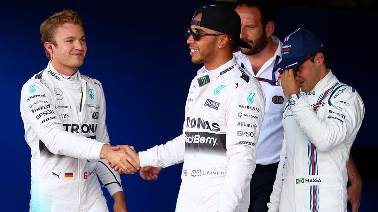 Nico Rosberg congratulates Lewis Hamilton on his pole position for the British GP