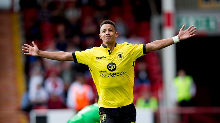 Callum Robinson of Aston Villa celebrates his goal against Walsall