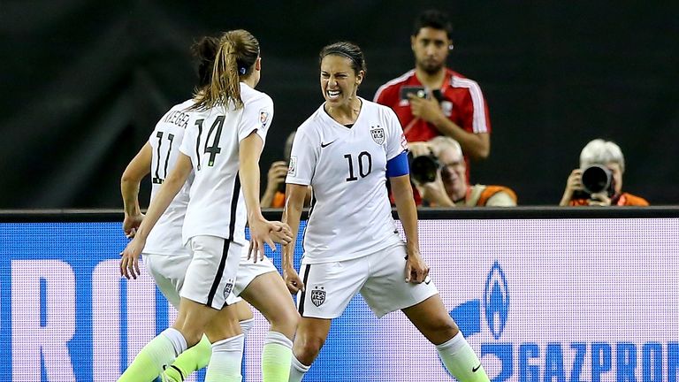MONTREAL, QC - JUNE 30:  (R) Carli Lloyd #10 of the United States celebrates after scoring on a penalty kick for the opening goal against Germany in the FI
