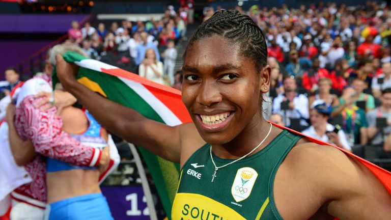 South Africa's Caster Semenya silver medalist celebrates after the women's 800m final at London 2012 Olympic Games on August 11,
