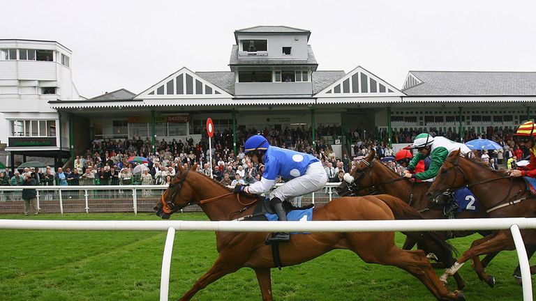 RICHMOND, UNITED KINGDOM - AUGUST 05:  Lucayos ridden by Darren Williams crosses the finish line in front of the main stand to win the Next Friday's Alpha 