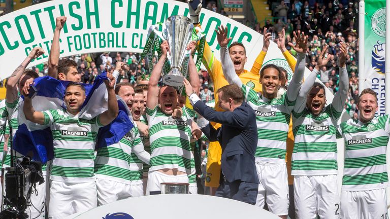 Champions Celtic lift the Scottish Premiership trophy last season.