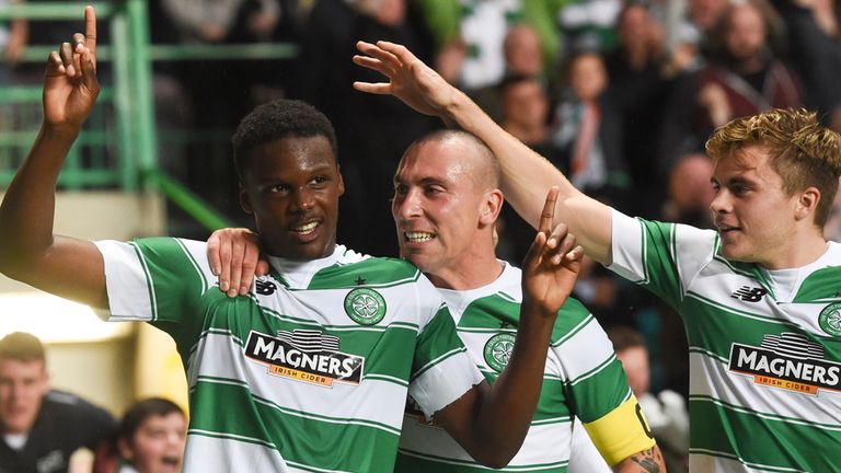 Celtic's Dedryck Boyata (left) celebrates his goal with team-mates Scott Brown (centre) and James Forrest