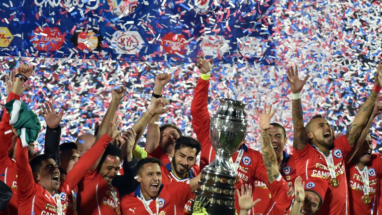 Chile celebrate after winning the 2015 Copa America, beating Argentina 4-1 on penalties in the final in Santiago