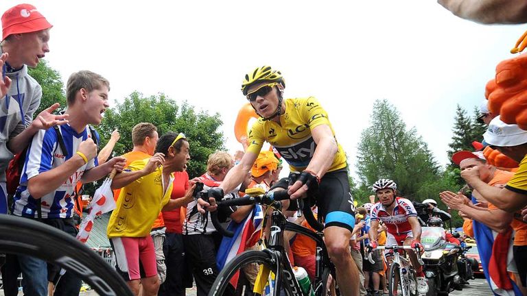 Chris Froome climbs Alpe d'Huez on his way to victory in the 2013 Tour de France