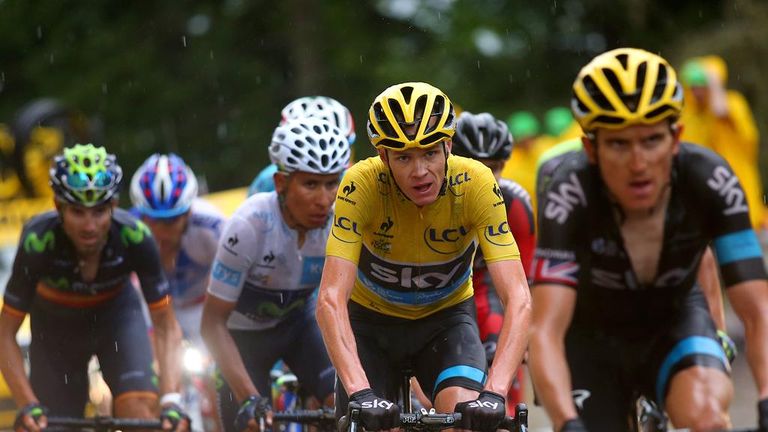 Chris Froome, Geraint Thomas, Nairo Quintana, during stage twelve of the 2015 Tour de France, a 195 km stage between Lannemezan and Plateau de Beille