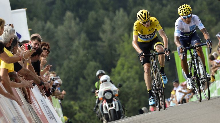 Great Britain's Christopher Froome (2ndR), wearing the overall leader's yellow jersey, and Colombia's Nairo Quintana