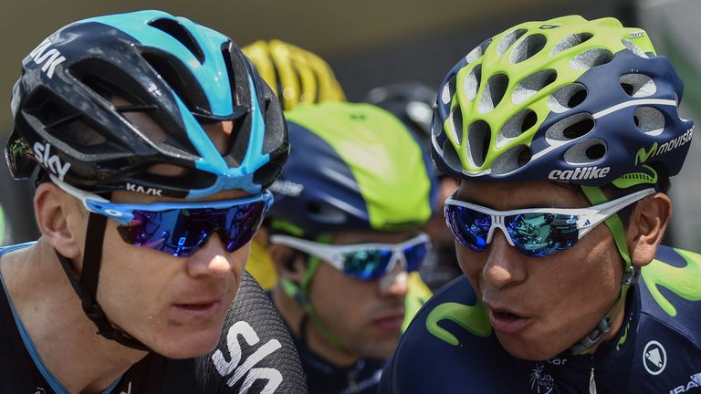 Colombia's Nairo Quintana (R) speaks with Great Britain's Christopher Froome 