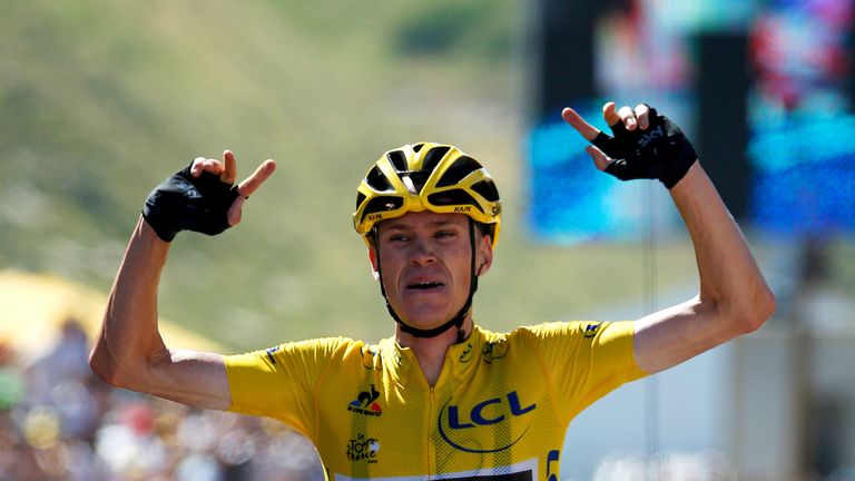 Chris Froome celebrates victory on stage 10 of the Tour de France