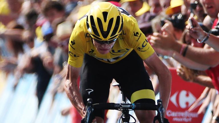 Chris Froome at the finish of stage 14 during the 2014 Tour de France, a 187.5km stage from Rodez to Mende
