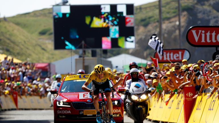 Chris Froome approaches the finish line to win stage 10 of the 2015 Tour de France