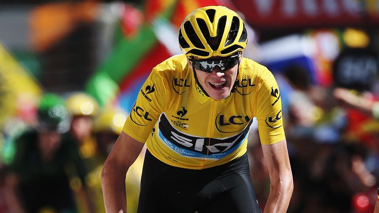 L'ALPE D'HUEZ, FRANCE - JULY 25:  Chris Froome of Great Britain and Team Sky crosses the finish line at the end of the twentieth stage of the 2015 Tour de 