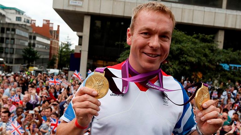 British Olympic gold medal winning cyclist Sir Chris Hoy during the London 2012 Victory Parade for Team GB and Paralympic GB athletes. 