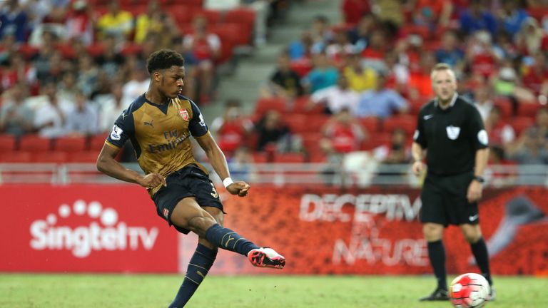 Chuba Akpom scores the second of his three goals for Arsenal against Singapore Select XI