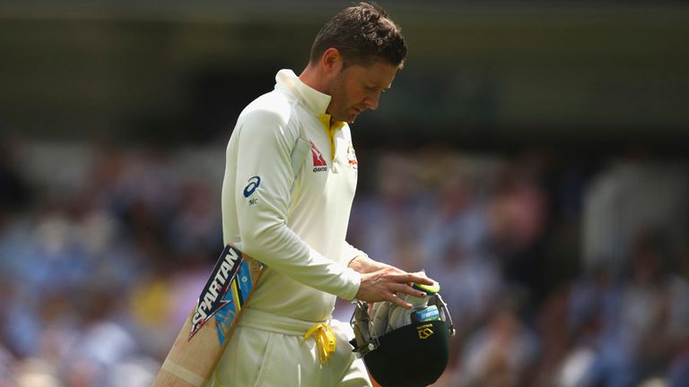 Michael Clarke of Australia looks dejected after being dismissed by Mark Wood 