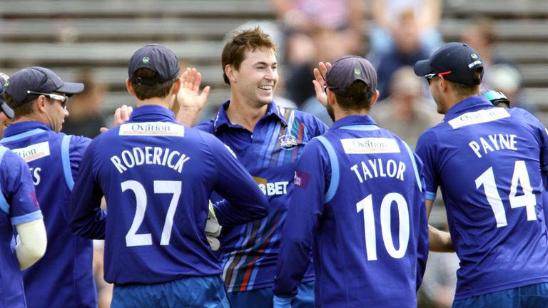 SCARBOROUGH, ENGLAND - JULY 26: Gloucestershire's James Fuller celebrates with team mates during the Royal London One-Day Cup between Yorkshire Vikings and