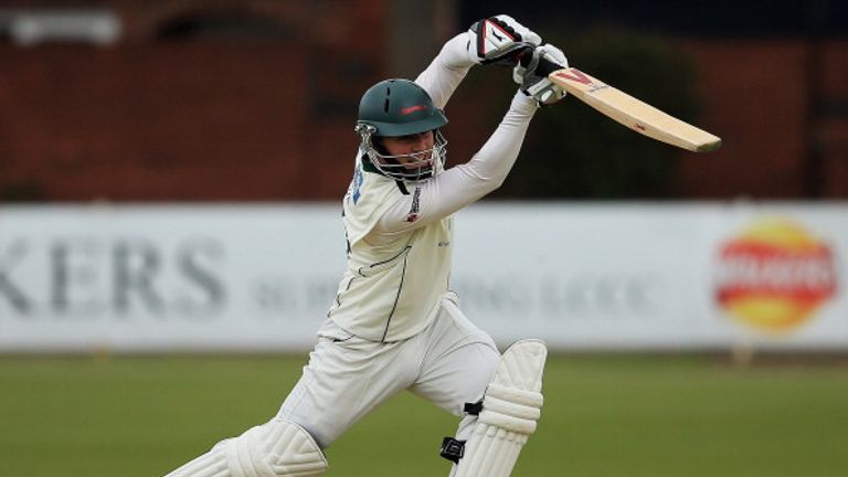 LEICESTER, ENGLAND - APRIL 27:  Greg Smith of Leicestershire hits the ball towards the boundary during day one of the LV County Championship match between 