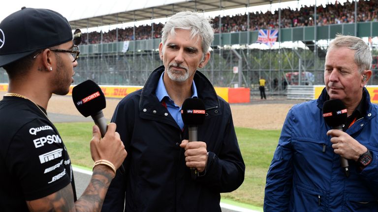 Sky F1's Damon Hill and Martin Brundle with Lewis Hamilton on the Silverstone grid