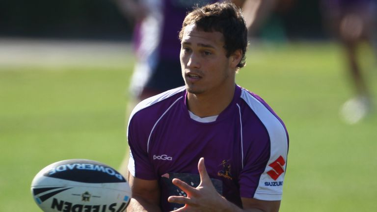Dane Chisholm, set to make his Super League debut on Friday, catches the ball during a Melbourne Storm training session