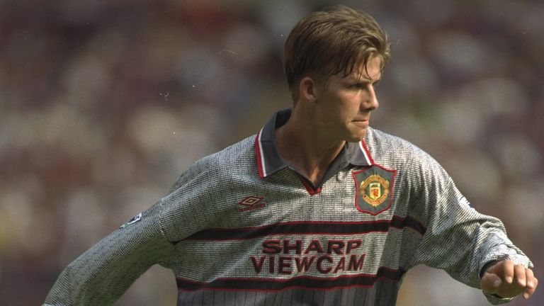 19 Aug 1995:  David Beckham of Manchester United in action against  Aston Villa in the FA Carling Premiership at Villa Park, Birmingham. Aston Villa won 3-