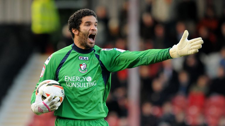 David James of Bournemouth shouts at his defence during the npower League One match between Brentford and Bournemouth at Grif