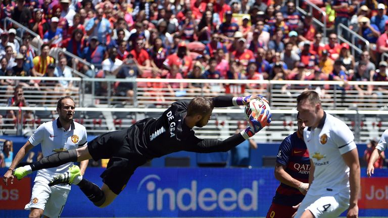 David De Gea blocks a kick during the International Champions Cup match between Manchester United and FC Barcelona at Levi's Stadium