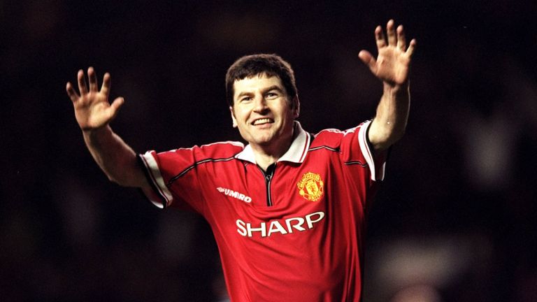 3 Jan 1999:  Denis Irwin of Manchester United celebrates his goal against Middlesbrough in the FA Cup third round match at Old Trafford in Manchester, Engl